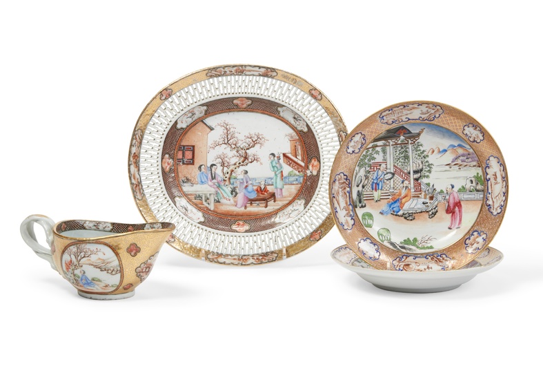 A four piece group of Chinese Export parcel gilt Rockefeller porcelain tableware