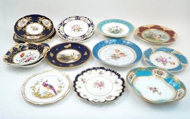 A group of British porcelain plates and dishes to include: a Minton plate, circa 1880, the rim with interlaced turquoise bandings and gilt dots; a Minton plate, circa 1880, with jewel rim, the centre decorated with fuchsias; a pair of Ridgway shell...