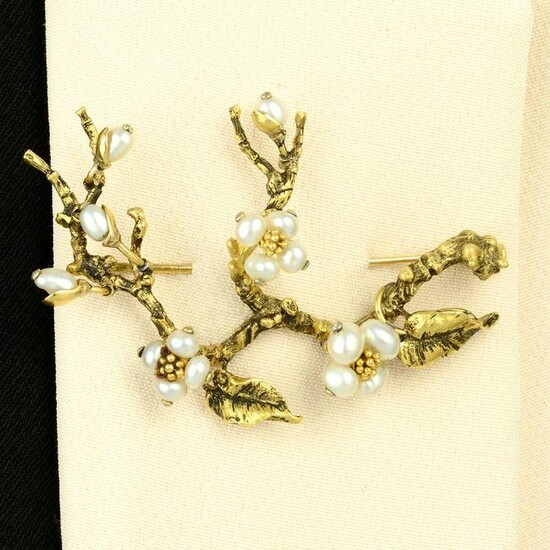 A mid 20th century cultured pearl floral brooch. Length