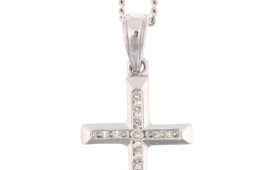 A modern 9ct white gold diamond cross pendant necklace, on 9...