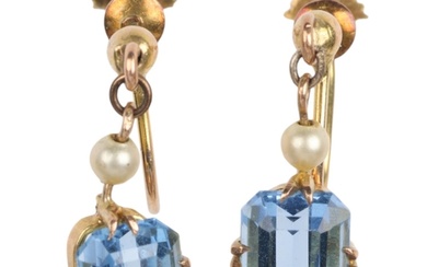 A pair of 9ct gold blue topaz and pearl drop earrings, with ...