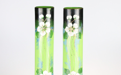 A pair of Art Nouveau vases, hand-painted coloured mouth-blown glass, unknown origin, possibly. France.
