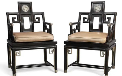 A pair of Chinese ebonised faux bamboo armchairs, possibly by Ralph Lauren,...