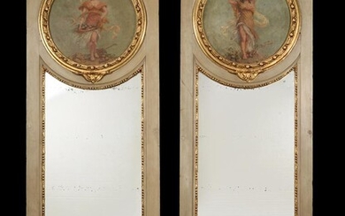 A pair of Continental grey painted and parcel gilt wall mirrors