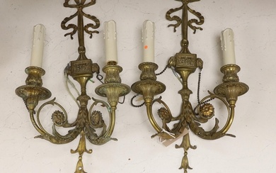 A pair of French Louis XVI style two branch ormolu wall ligh...