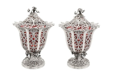 A pair of Victorian sterling silver sugar or preserve vases, Birmingham 1847 by Robinson, Edkins and