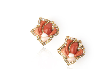 λ A pair of coral and diamond ear clips