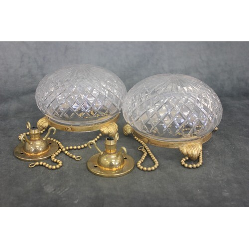 A pair of cut glass ceiling bowls, with gilt metal and brass...