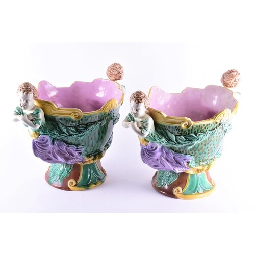 A pair of large and impressive majolica wine coolers, 19th c...