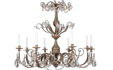 A patinated and glass eight light chandelier