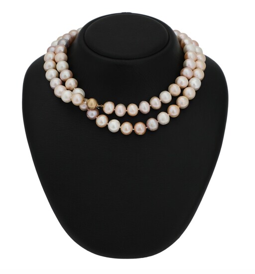 NOT SOLD. A pearl necklace set with numerous cultured freshwater pearls and clasp of 14k...