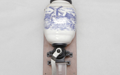 A porcelain/glass/metal/wood coffee grinder, second half of the 20th century.