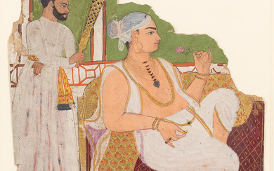 A prince seated holding a rose, an attendant standing behind...
