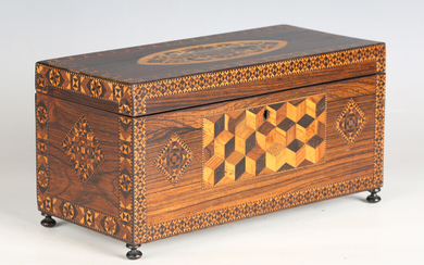 A rare 19th century Tunbridge ware rosewood lace netting box, the hinged lid and sides with typical