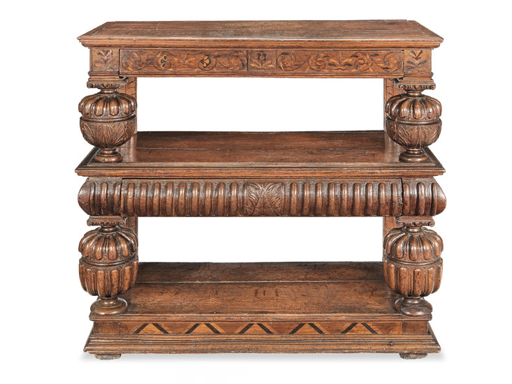 A rare Elizabeth I joined oak and marquetry-inlaid three tier buffet, Home Counties, circa 1580