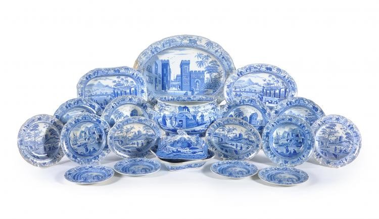 A selection of Spode blue and white printed pottery wares from the 'Caramanian' series