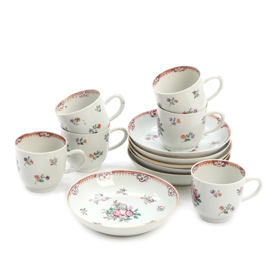 A set of six Chinese export Famille Rose coffee cups and saucers. 18th century. (6)