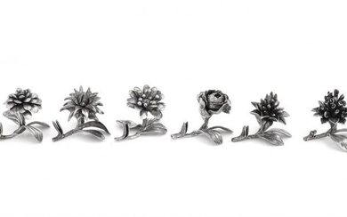 A set of six silver coloured flower place card holders by Fabbrica Argenteria Fiorentina
