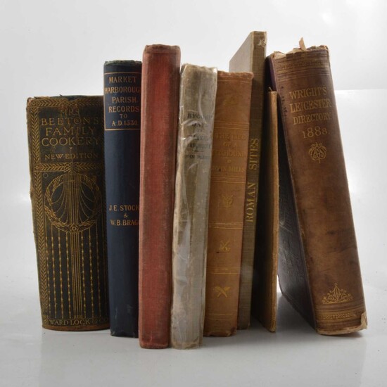 A small collection of books, including Wright's Leicester Directory 1888 etc