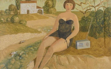 ALBERTO GALLERATI (Piacenza 1945) Jeune femme au bord d'un ruisseau Huile sur toile, 50 x...