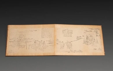 ALBUM de 24 planches imprimées en noir, illustrant des scènes de la vie de Confucius, avec les plats toilés de soie bleue. (Cert...