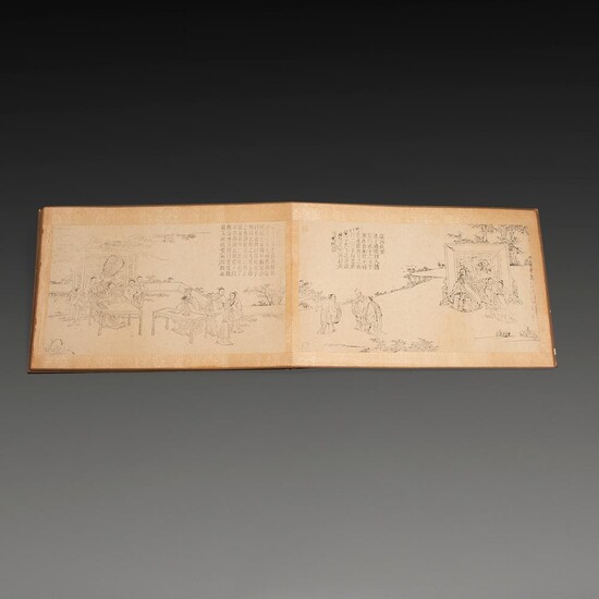 ALBUM de 24 planches imprimées en noir, illustrant des scènes de la vie de Confucius, avec les plats toilés de soie bleue. (Cert...