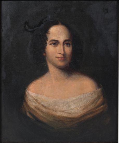 AMERICAN SCHOOL , 19TH CENTURY, PORTRAIT BUST OF A LADY, Oil on canvas, 27 x 22 in. (68.6 x 55.9 cm.), Frame: 32 x 27 in. (81.3 x 68.6 cm.)