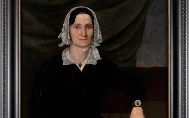 AMERICAN SCHOOL (Early to Mid-19th Century,), Portrait of a woman holding a book., Oil on canvas