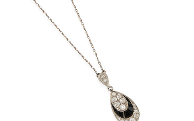 AN ANTIQUE PLATINUM, DIAMOND AND ONYX NECKLACE, FRENCH