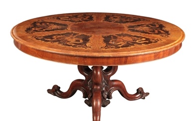 AN EARLY VICTORIAN WALNUT AND MARQUETRY CIRCULAR CENTRE TABL...