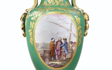 AN ORMOLU-MOUNTED SEVRES PORCELAIN GREEN GROUND TWO-HANDLED VASE (VASE 'ETRUSQUE', 1ER GRANDEUR), THE PORCELAIN DATED 1777, THE HARBOR PAINTING ATTRIBUTED TO J.-B.-E. GENEST, THE WREATHS LIKELY BY J.-F. MICAUD, THE ORMOLU LOUIS XVI AND APPARENTLY...