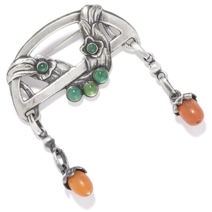 ANTIQUE AMBER AND GREEN AGATE BROOCH, GEORG JENSEN in