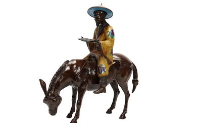 ASIE. Toba sur sa mule. Groupe en bronze à décor d'émaux cloisonnés