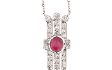 An Art Deco star ruby and diamond openwork geometric pendant...