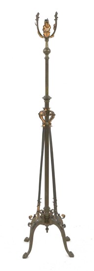 An Arts and Crafts brass and copper telescopic standard lamp