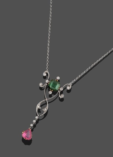 An Early 20th Century Diamond, Pink and Green Tourmaline Necklace,...