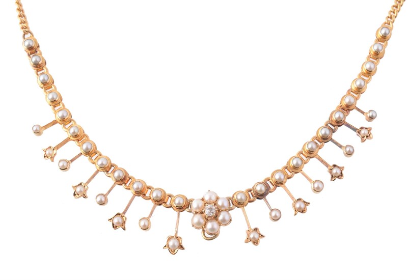 An Edwardian half pearl and diamond collar