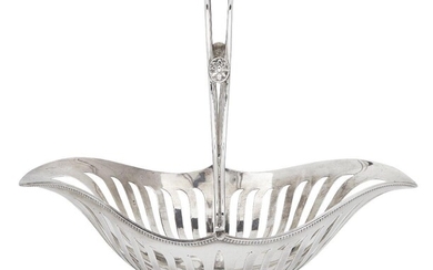 An Edwardian silver swing handled basket, London, 1909, Joseph Heming & Co., the openwork, navette-shaped basket raised on an oval foot, the split handle with medallion decoration to either side, 30cm long, 24.5cm high (inc. handle), approx. weight...