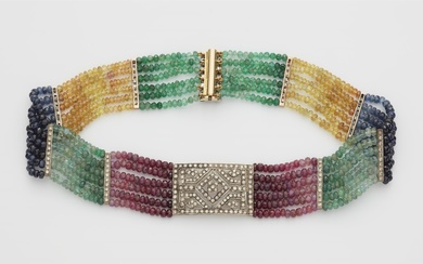 An Italian 18k gold silver and diamond choker with faceted sapphires in rainbow colours.