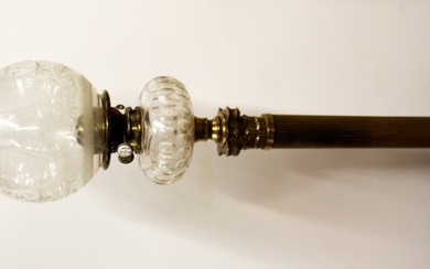 An impressive large antique Corinthian column brass oil lamp with etched glass shade, overall H. 89cm.