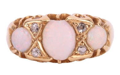 An opal three-stone half-hoop ring, the graduated oval opal cabochons interspersed with four mine-cu
