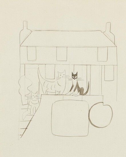 Anne Harriet Sefton Fish, British 1890-1964 - Cats on the doorstep of a house; pencil on paper, 27.8 x 22.5 cm (ARR)
