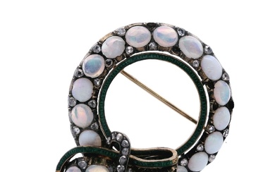 Antique 18kt Gold French Brooch with Diamonds and Opals