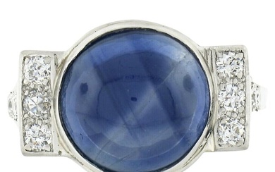 Antique Art Deco Platinum Gubelin Ceylon No Heat Cabochon Sapphire Diamond Ring