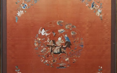 Antique Chinese Kossu Silk Embroidered Panel, mounted on board, with a central figure riding a qilin