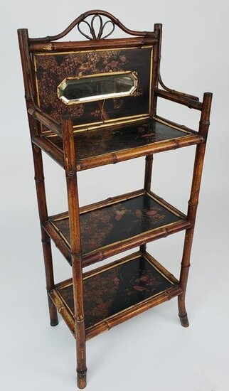 Antique English Bamboo and Lacquer Decorated Standing Shelf, 19th Century