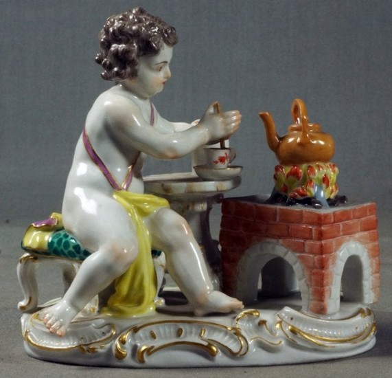 Antique Meissen Figurine Boy Seated At Stove