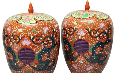 Antique Pair Chinese Enameled Porcelain Polychrome Urns