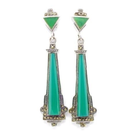 Art Deco Chrysoprase and silver drop earrings set with marca...