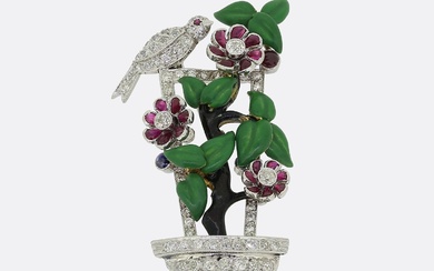 Art Deco Ruby and Diamond Flower Pot Brooch Intervendue